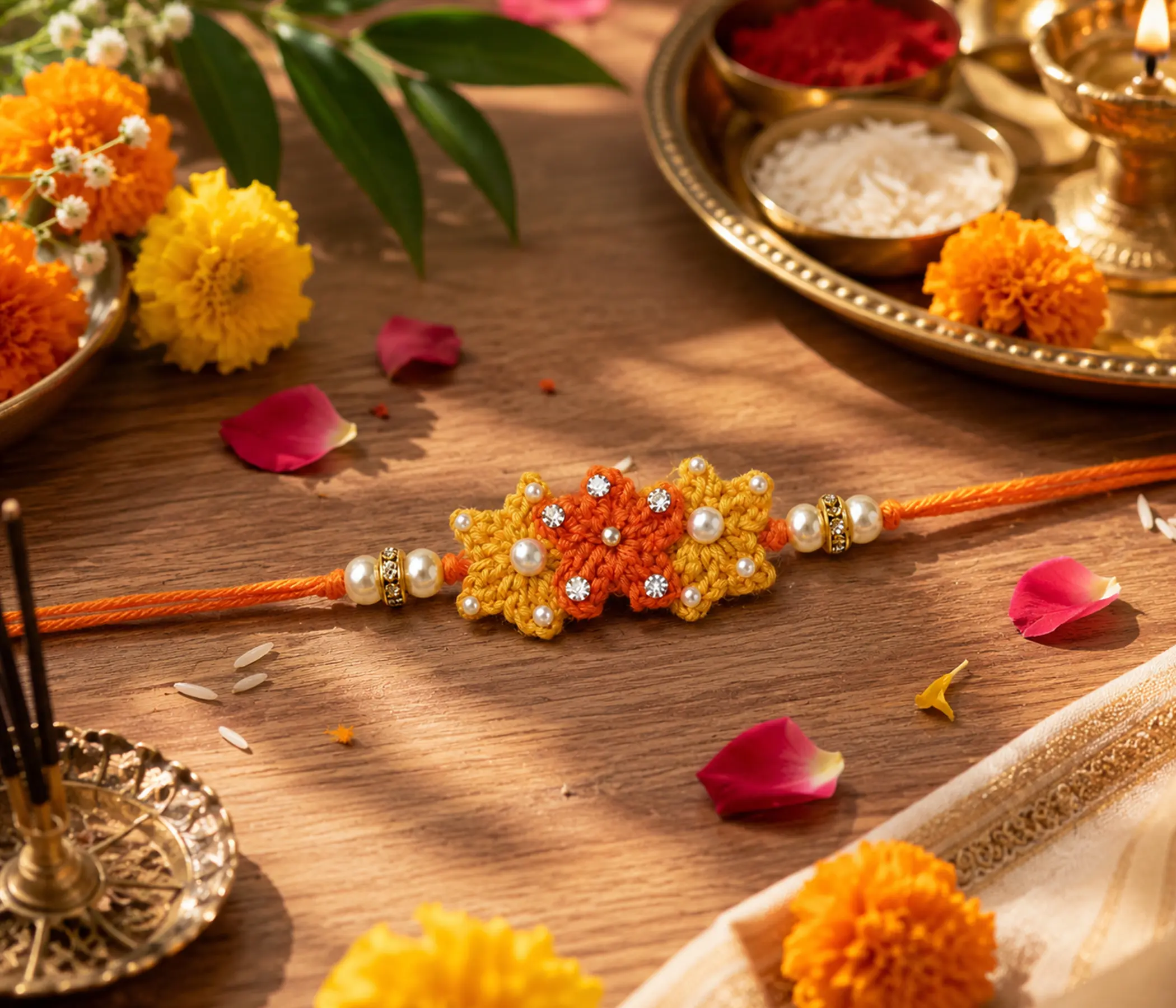 Festive Marigold Tri-Blossom Handcrafted Crochet Rakhi